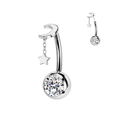 Piercing pour le nombril en titane avec une étoile pendante et une lune