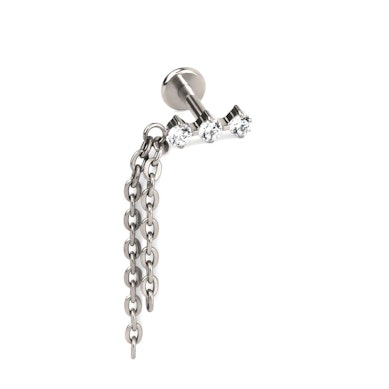 Labret en titane avec trois pierres et deux chaînes pendantes