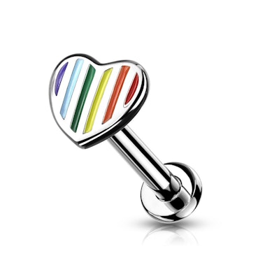 Labret avec un cœur avec rayures couleurs arc-en-ciel et filetage interne