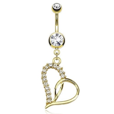 Piercing pour le nombril avec cœur et pierre claire revêtement en or