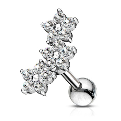 Piercing pour l'oreille avec 3 fleurs en pierre alignées