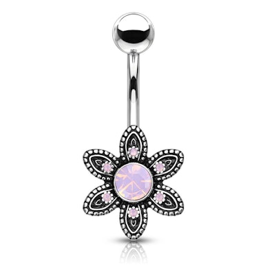 Piercing pour le nombril avec fleur et opaline ronde