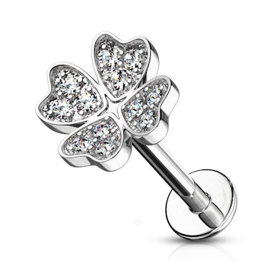 Labret avec filetage interne et un trèfle à quatre feuilles orné de pierres
