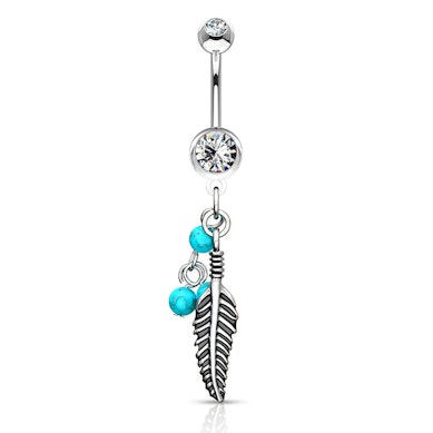 Piercing pour le nombril avec boules turquoises et plumes en pendentif