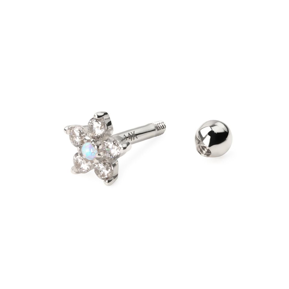 Piercing pour l'oreille en or 14 carats en forme de fleur et opale au centre