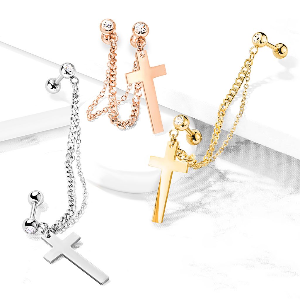 Barbells ornés de pierres avec double chaîne et une croix