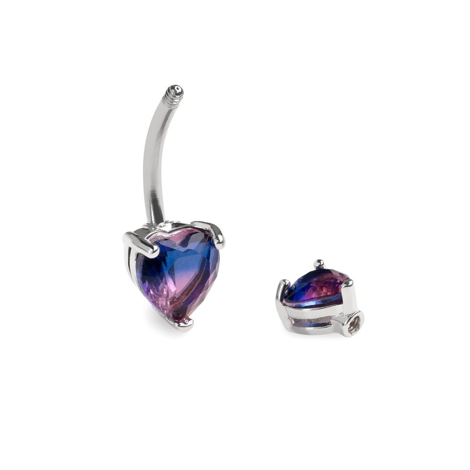 Barbell pour le nombril orné de deux cœurs roses et violets