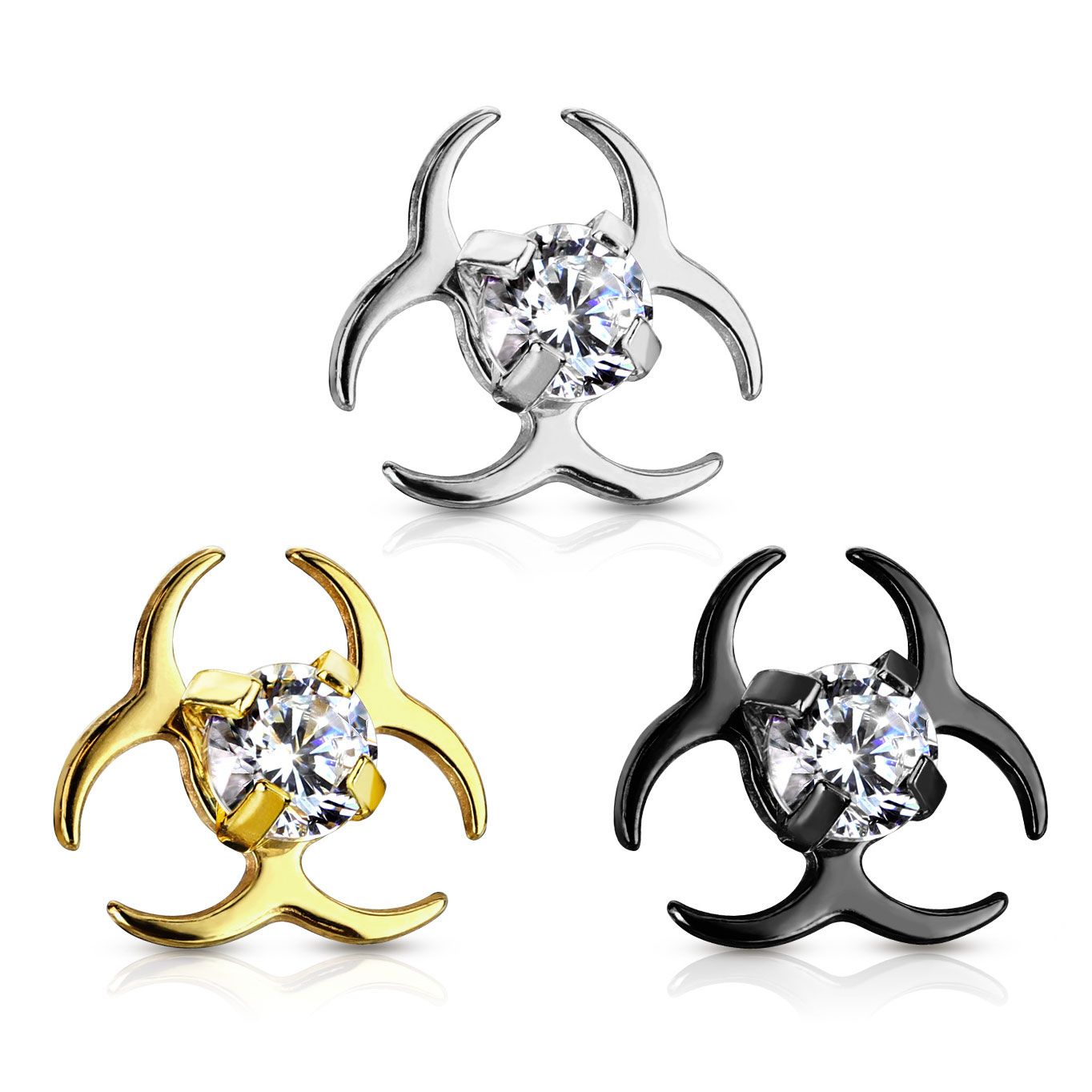 Ancre dermal en forme de symbole biohazard avec des pierres