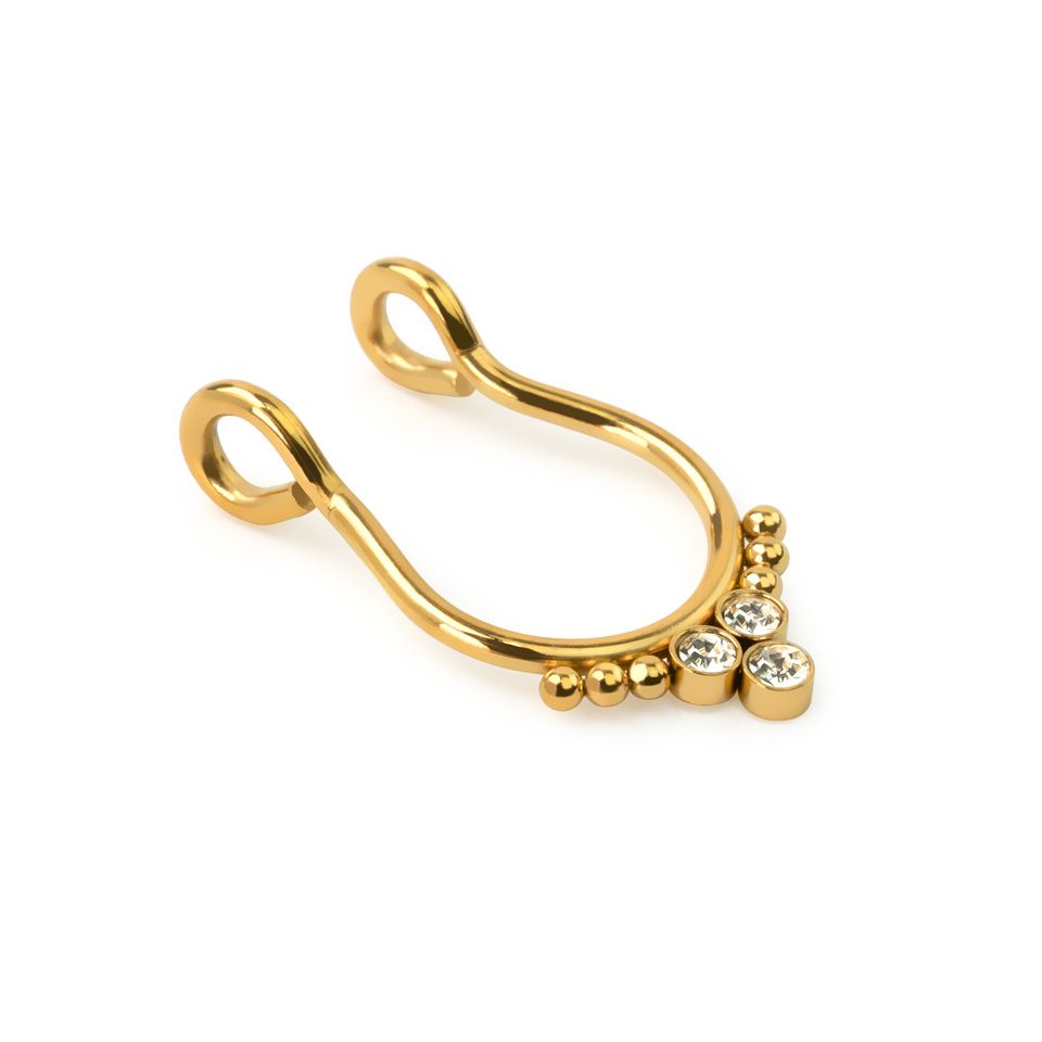 Faux anneau pour le septum avec trois pierres et des perles à chaque extrémité