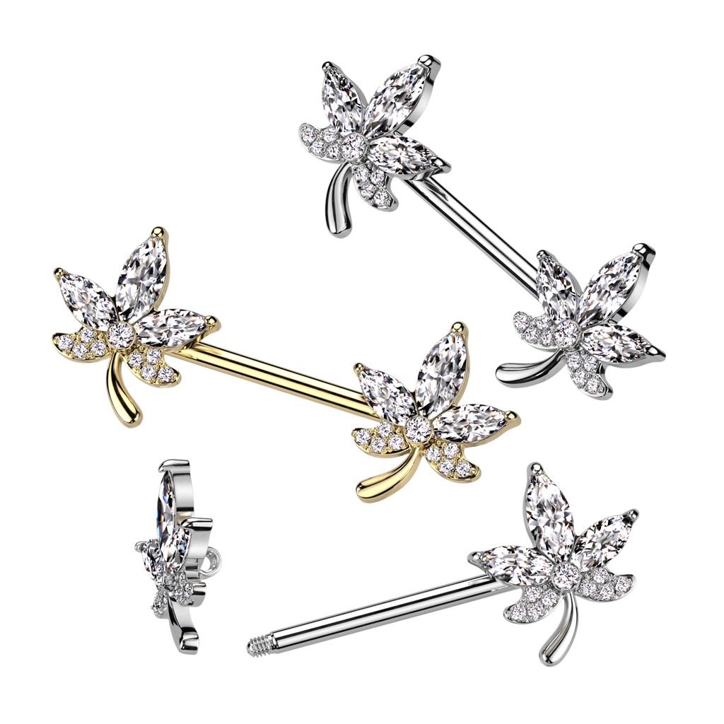 Barbell pour le téton avec feuilles ornées de pierres aux extrémités