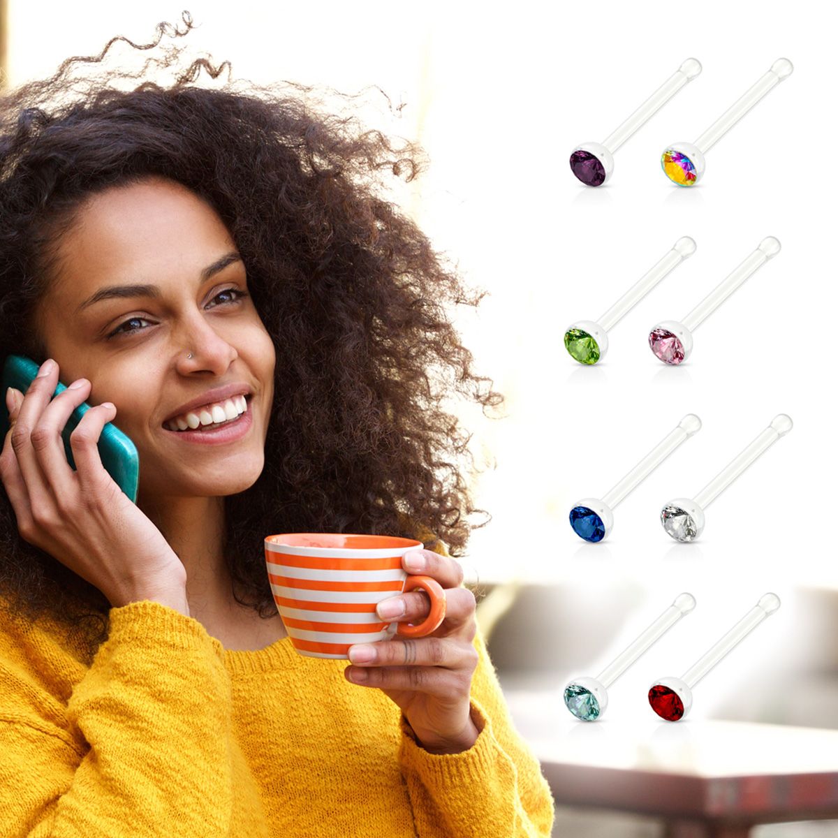 Lot de piercing au nez en acrylique avec 8 pierres de couleurs différentes
