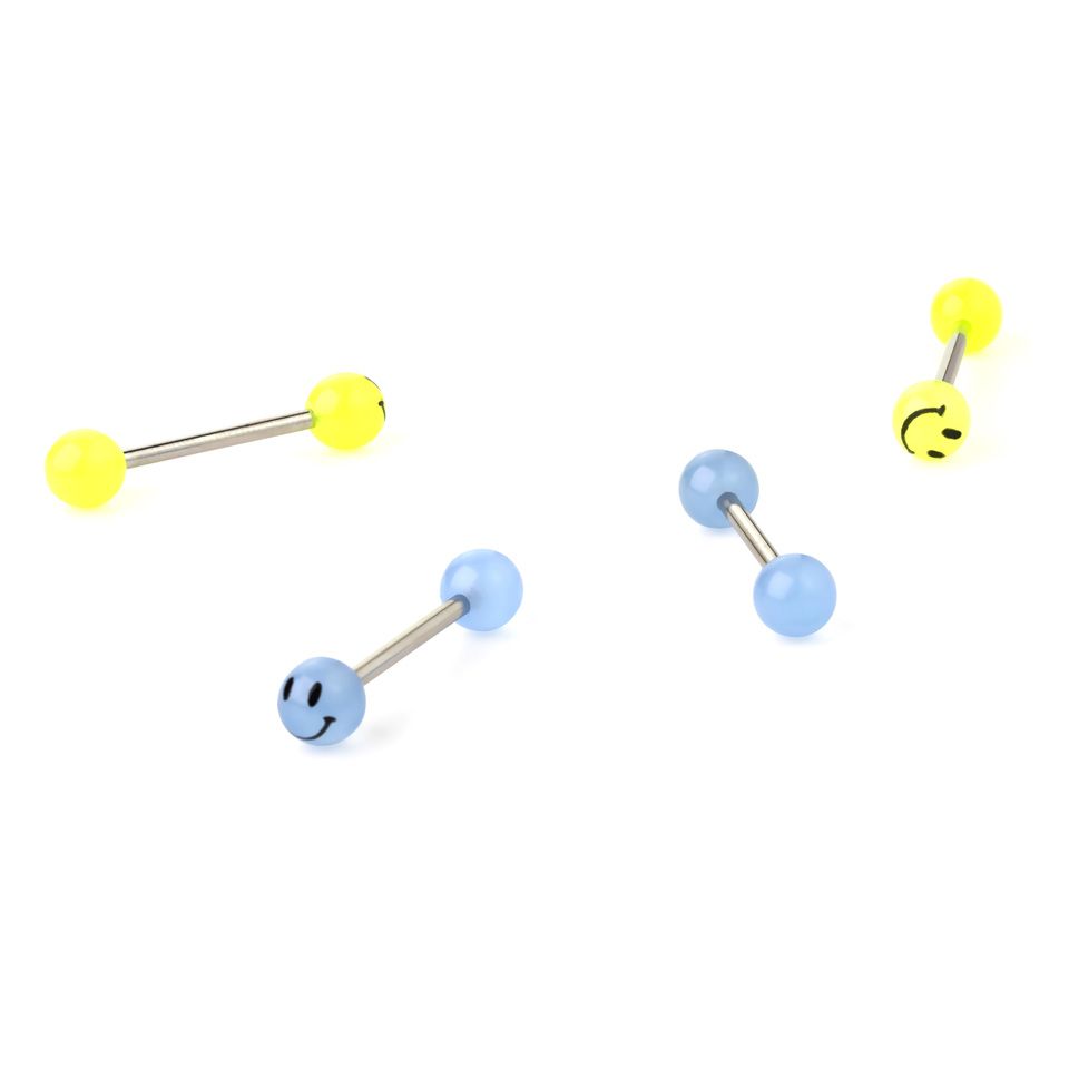 Piercing pour la langue avec boules smiley phosphorescentes