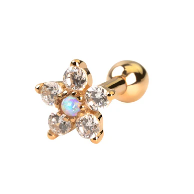 Piercing pour l'oreille en or 14 carats en forme de fleur et opale au centre