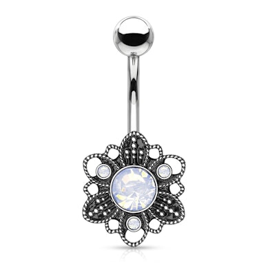 Piercing pour le nombril avec fleur antique ornée d'opalites