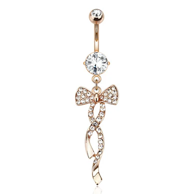 Piercing pour le nombril plaqué or rose avec nœud incrusté de pierres