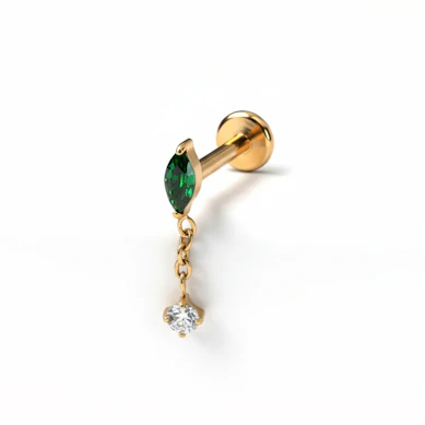 Labret en titane avec pierre couleur émeraude et chaîne