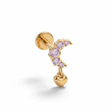 Labret en titane avec une lune et des pierres roses