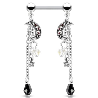 Piercing pour le téton avec des étoiles et lune en pendentif