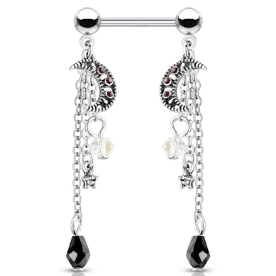 Piercing pour le téton avec des étoiles et lune en pendentif