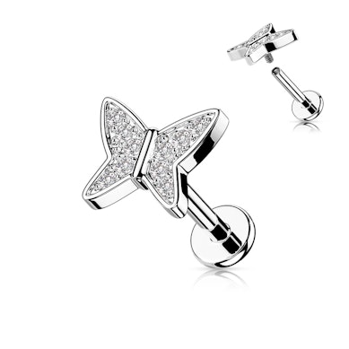 Labret avec papillon incrusté de pierres et filetage interne