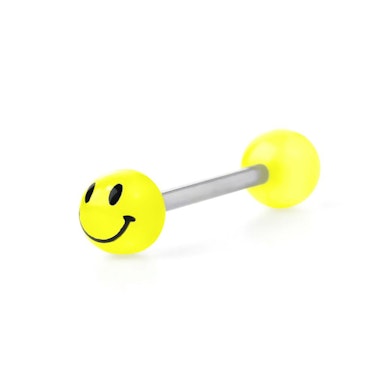 Piercing pour la langue avec boules smiley phosphorescentes