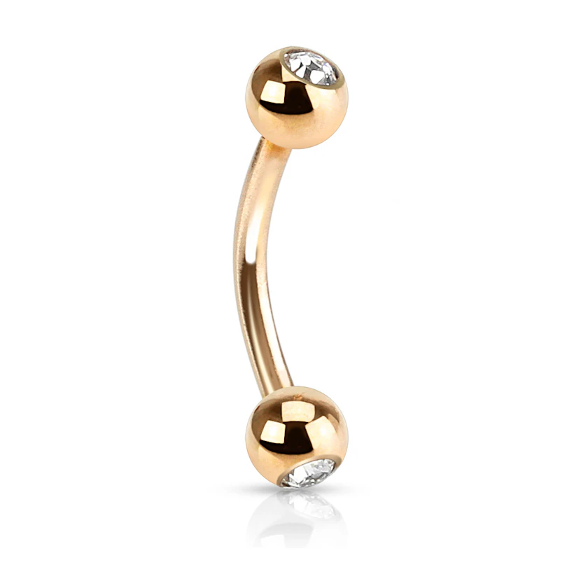 Tige barbell courbée avec pierre claire et or rouge