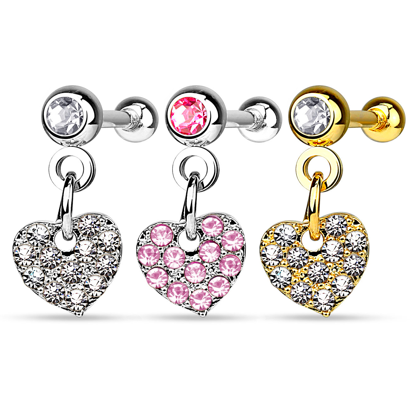 Piercing d'oreille avec pendentif en forme de cœur orné de pierres