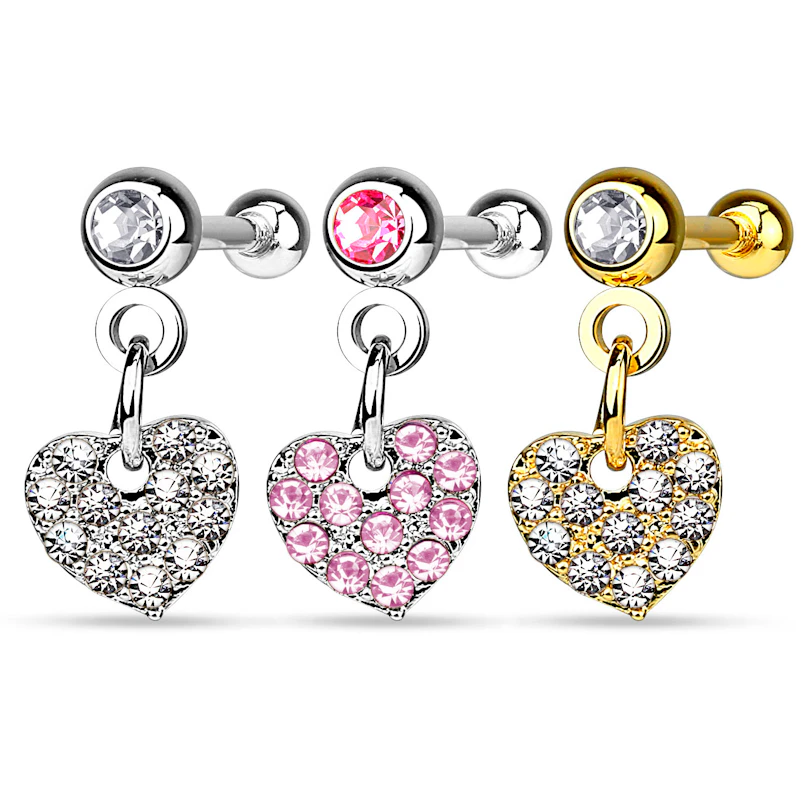 Piercing d'oreille avec pendentif en forme de cœur orné de pierres
