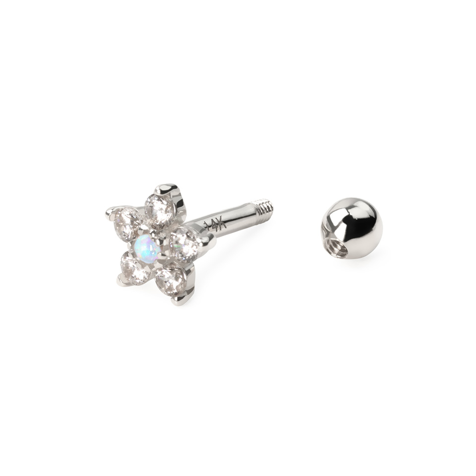 Piercing pour l'oreille en or 14 carats en forme de fleur et opale au centre