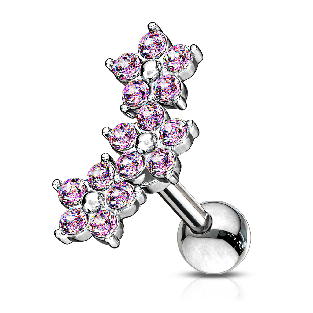 Piercing pour l'oreille avec 3 fleurs en pierre alignées