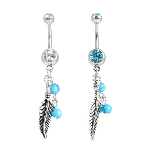 Piercing pour le nombril avec boules turquoises et plumes en pendentif