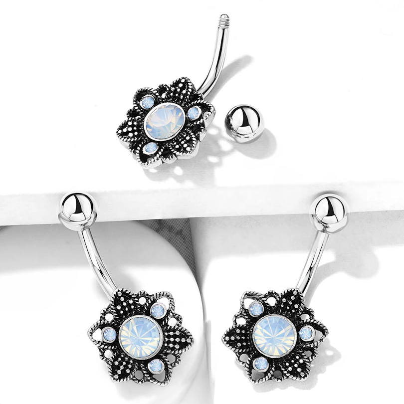 Piercing pour le nombril avec fleur antique ornée d'opalites