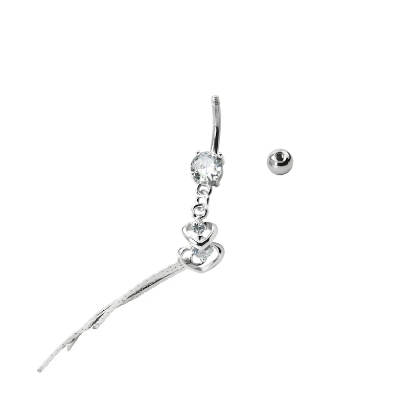Piercing pour le nombril avec double pendentif coeur et pierre