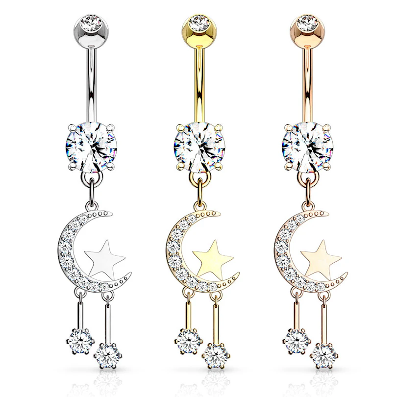Piercing pour le nombril avec une lune et des étoiles