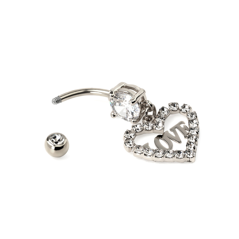 Piercing pour le nombril coeur en pendentif et love texte