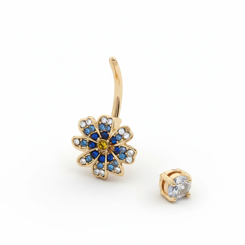 Barbell pour le nombril avec une fleur bleue
