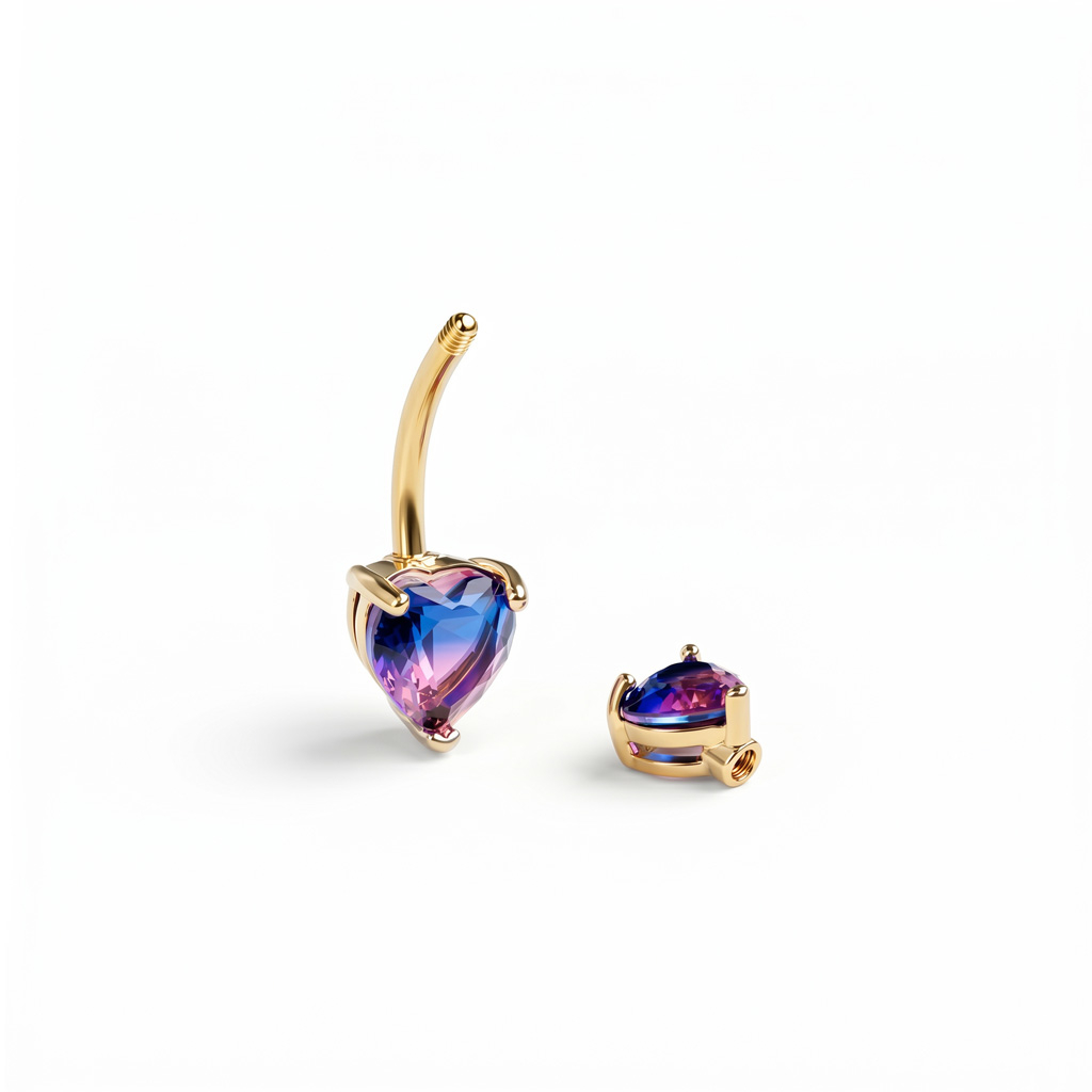 Barbell pour le nombril orné de deux cœurs roses et violets