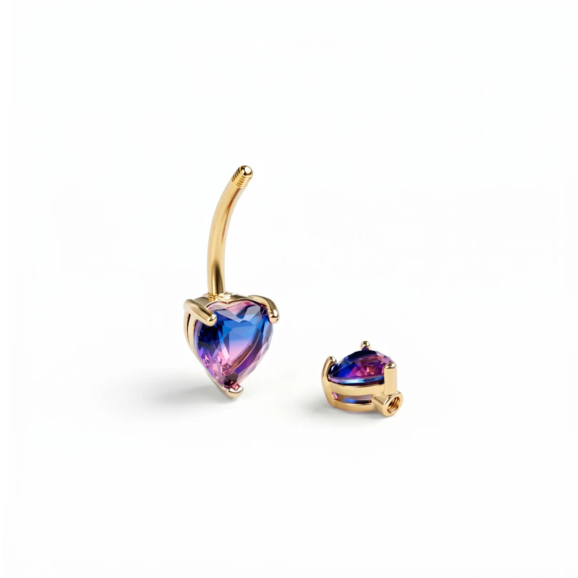Barbell pour le nombril orné de deux cœurs roses et violets