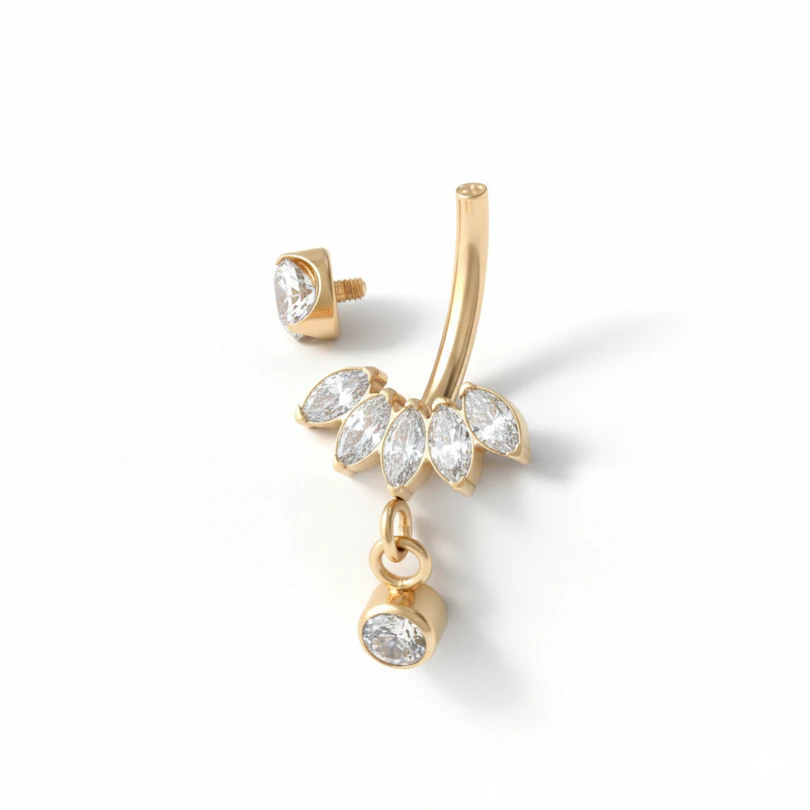 Piercing pour le nombril en titane avec pierres taille marquise et pendentif
