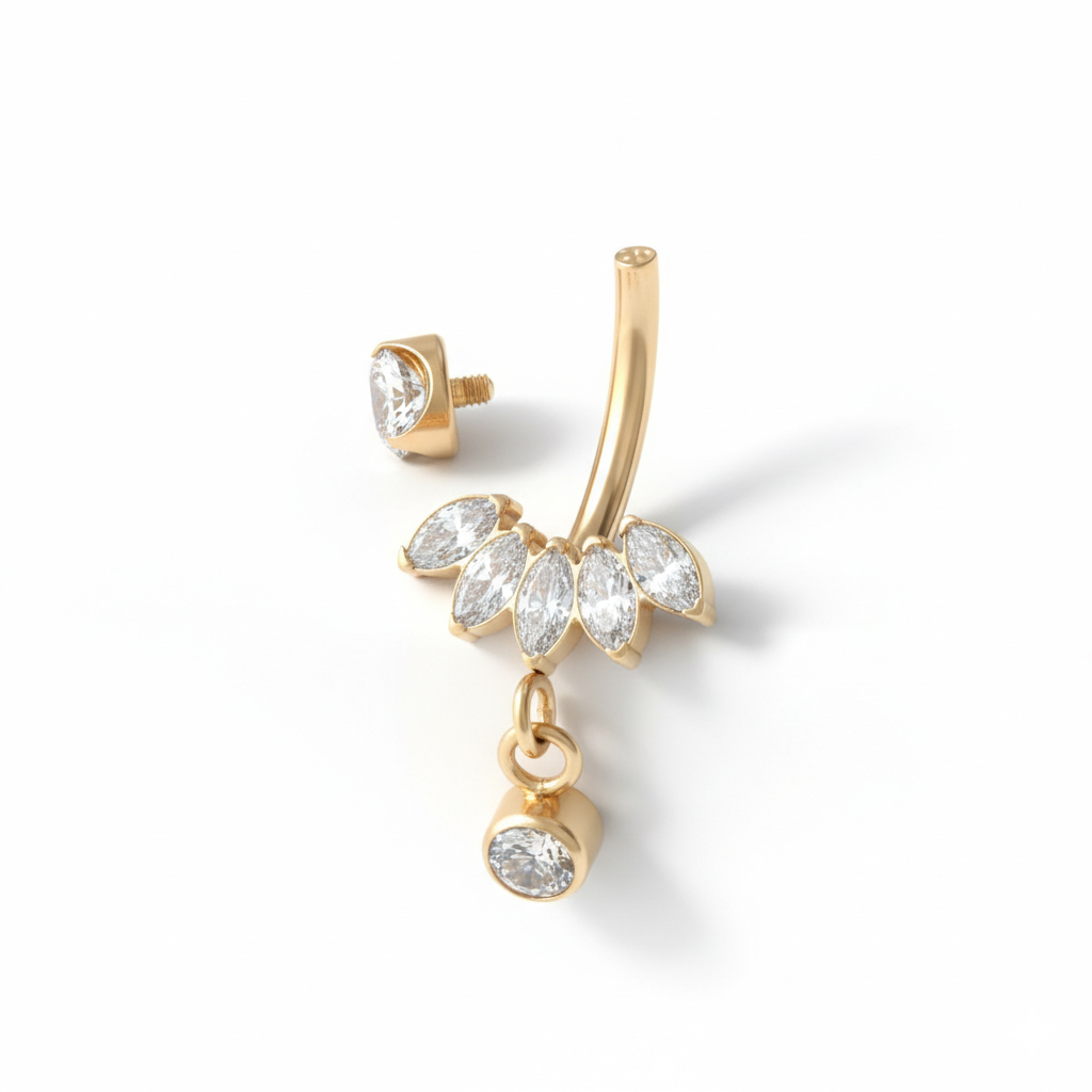 Piercing pour le nombril en titane avec pierres taille marquise et pendentif