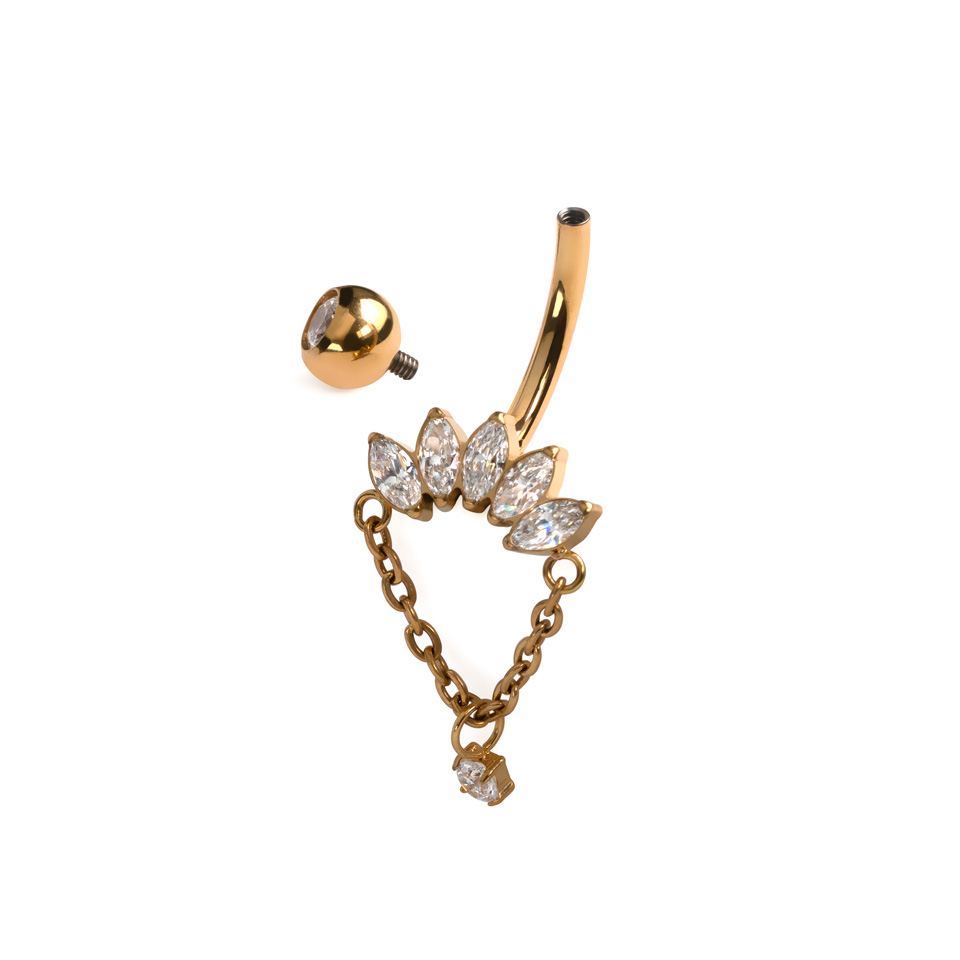 Piercing au nombril en titane avec pierres marquise et chaîne