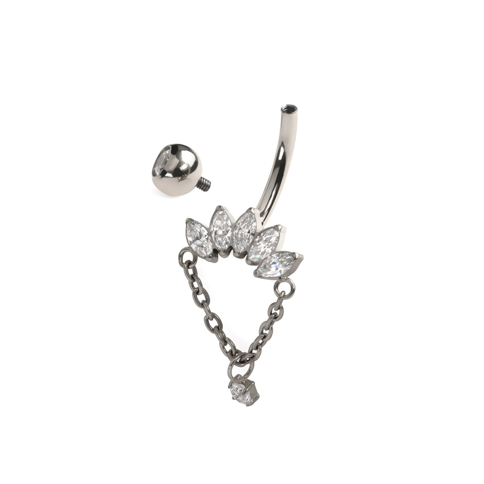 Piercing au nombril en titane avec pierres marquise et chaîne