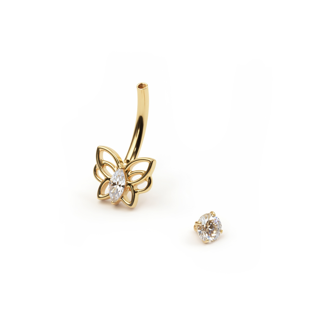 Piercing au nombril stylisé en titane et motif papillon
