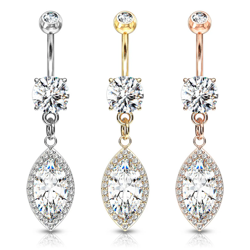 Piercing pour le nombril avec pierre en forme de marquise en pendentif