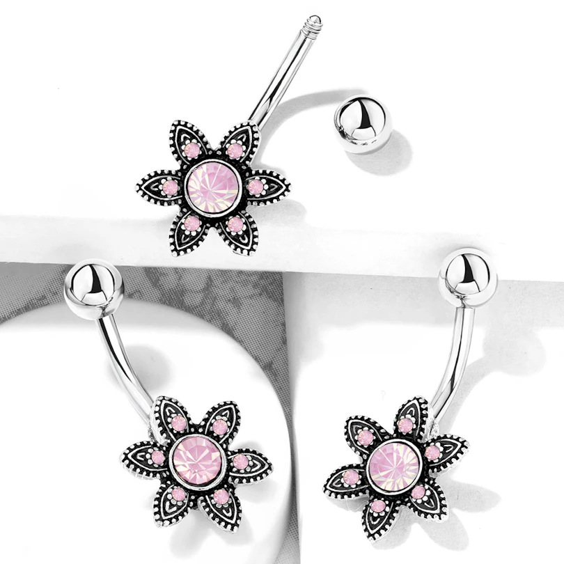 Piercing pour le nombril avec fleur et opaline ronde