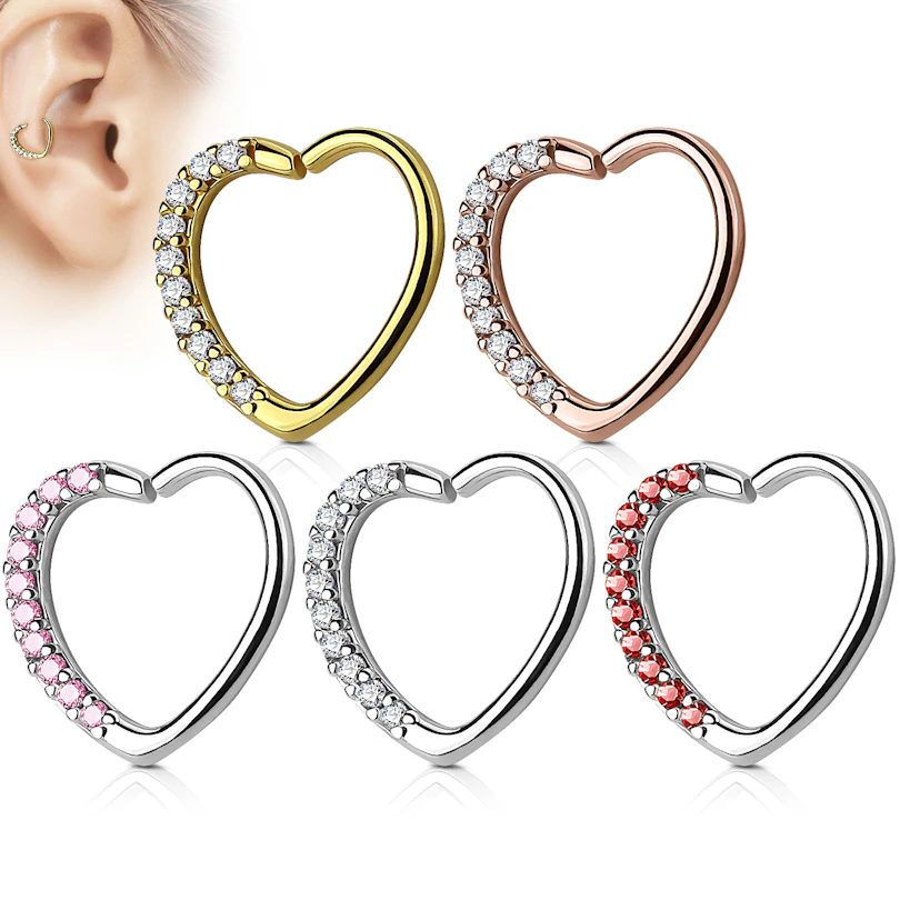 Piercing pour l'oreille en forme de coeur et rebord en pierre