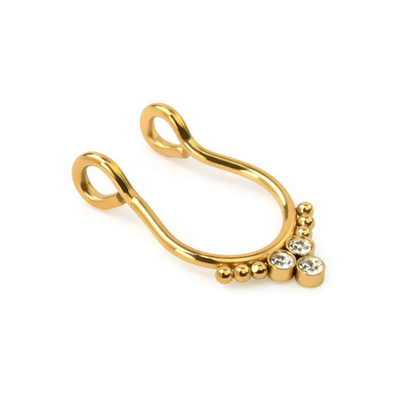 Faux anneau pour le septum avec trois pierres et des perles à chaque extrémité