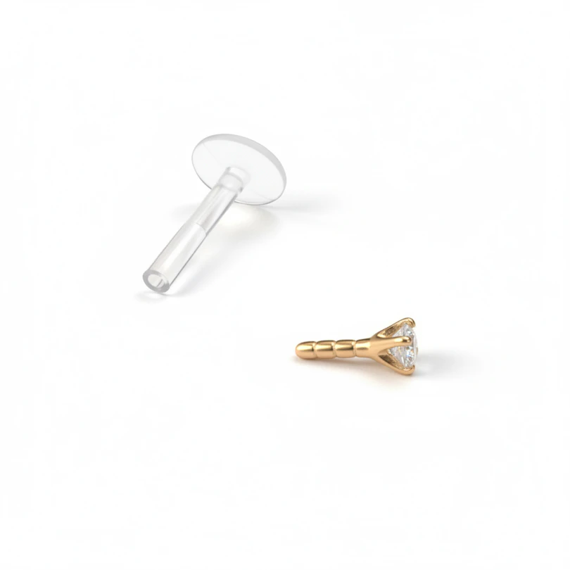 Labret en Or 14k avec une pierre ronde et une tige en PTFE