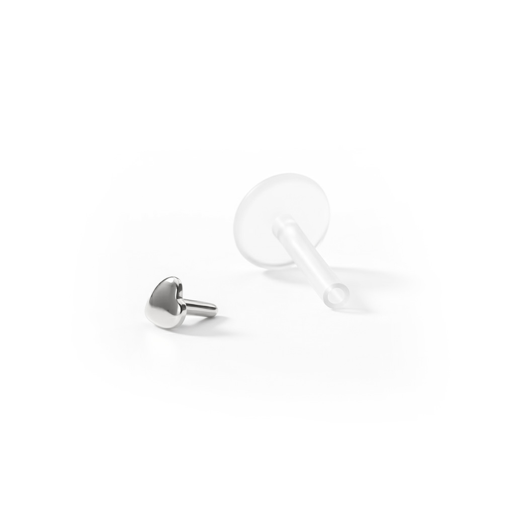 Labret en or 14 carats avec partie supérieure en forme de cœur-8 mm-Or blanc 14K / PTFE-1,2 mm