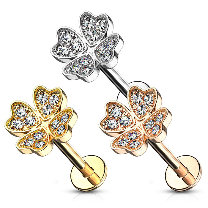 Labret avec filetage interne et un trèfle à quatre feuilles orné de pierres